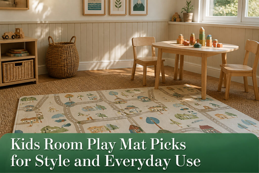 Various colorful play mats displayed in a children's room.