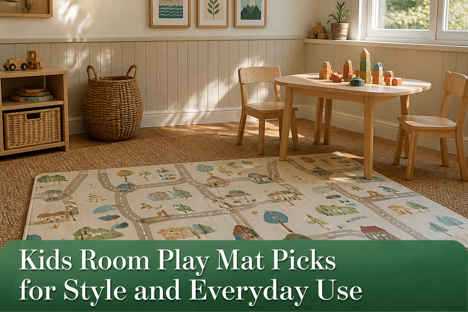Various colorful play mats displayed in a children's room.