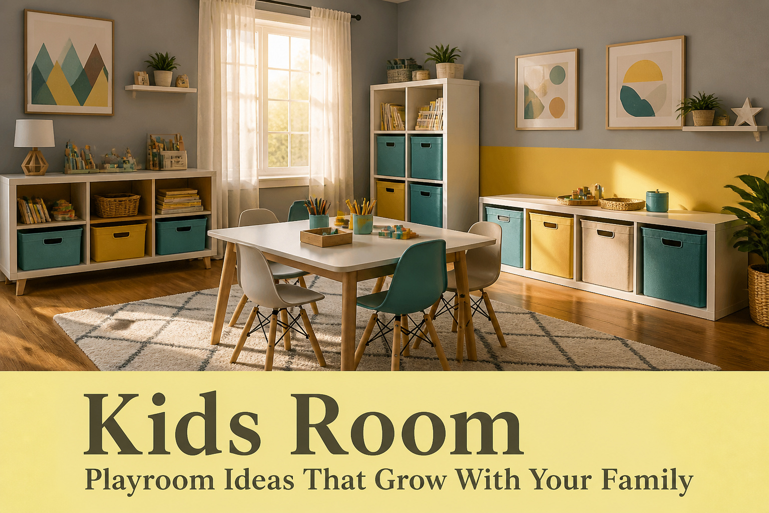 A vibrant playroom with toys, seating, and colorful decor.