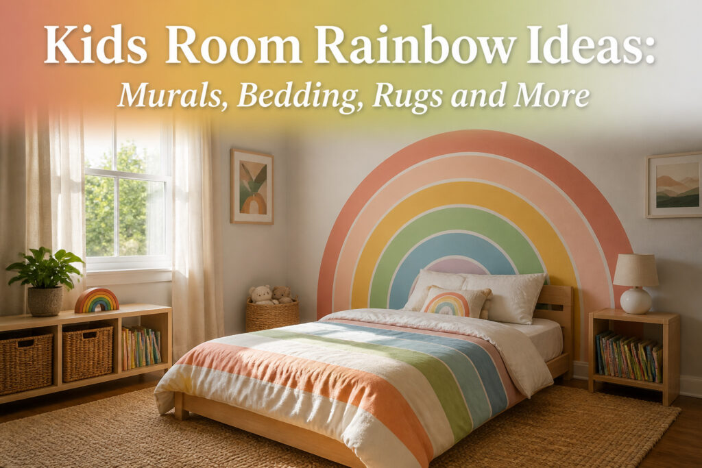 A bright kids room with rainbow-themed decor and furniture.