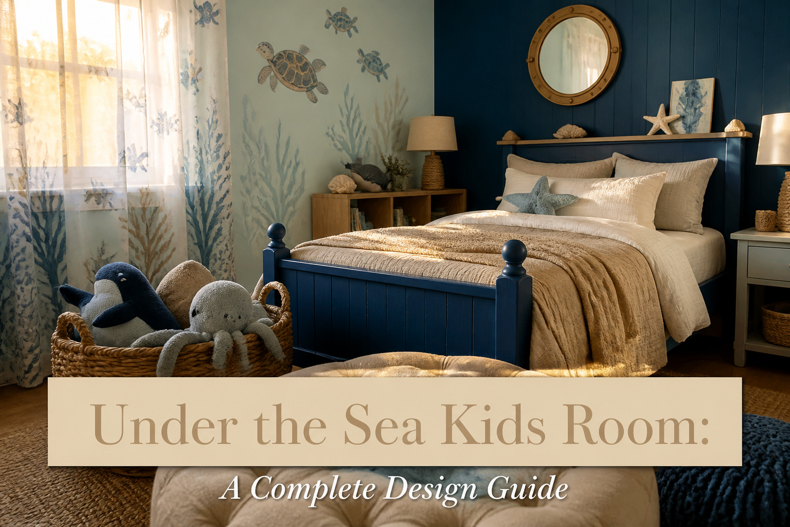 A colorful kids room with ocean-themed decor and furniture.