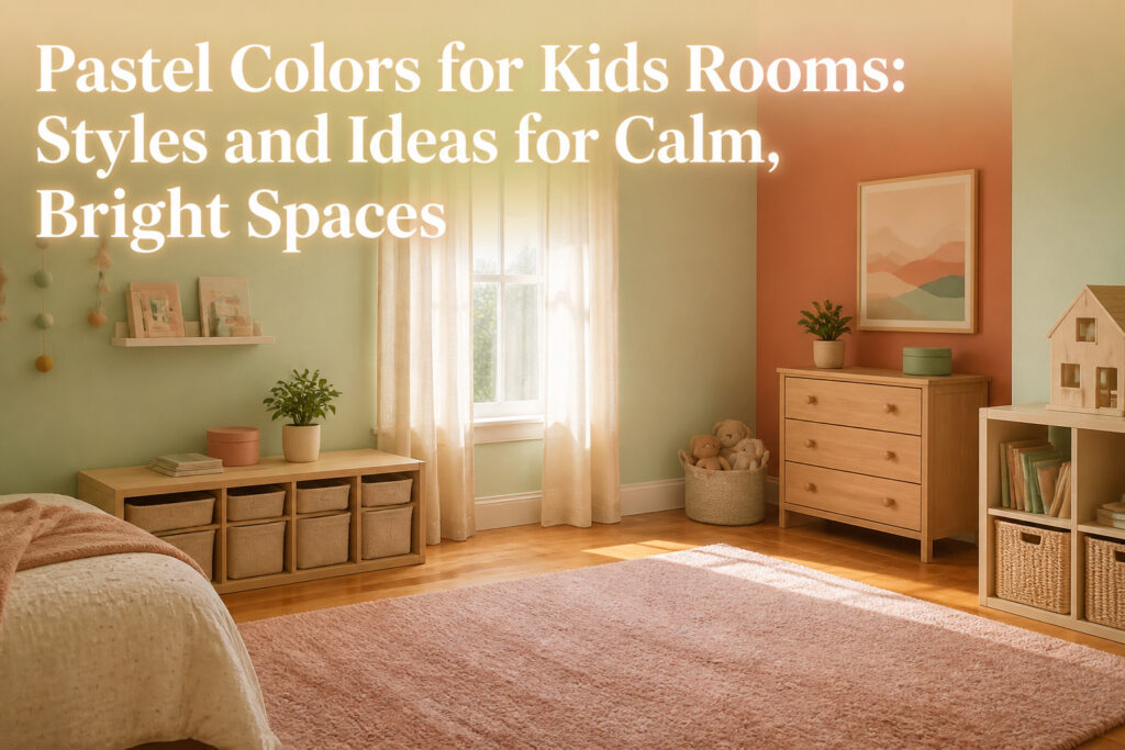 A child's bedroom decorated in pastel shades of mint, terracotta, and beige.
