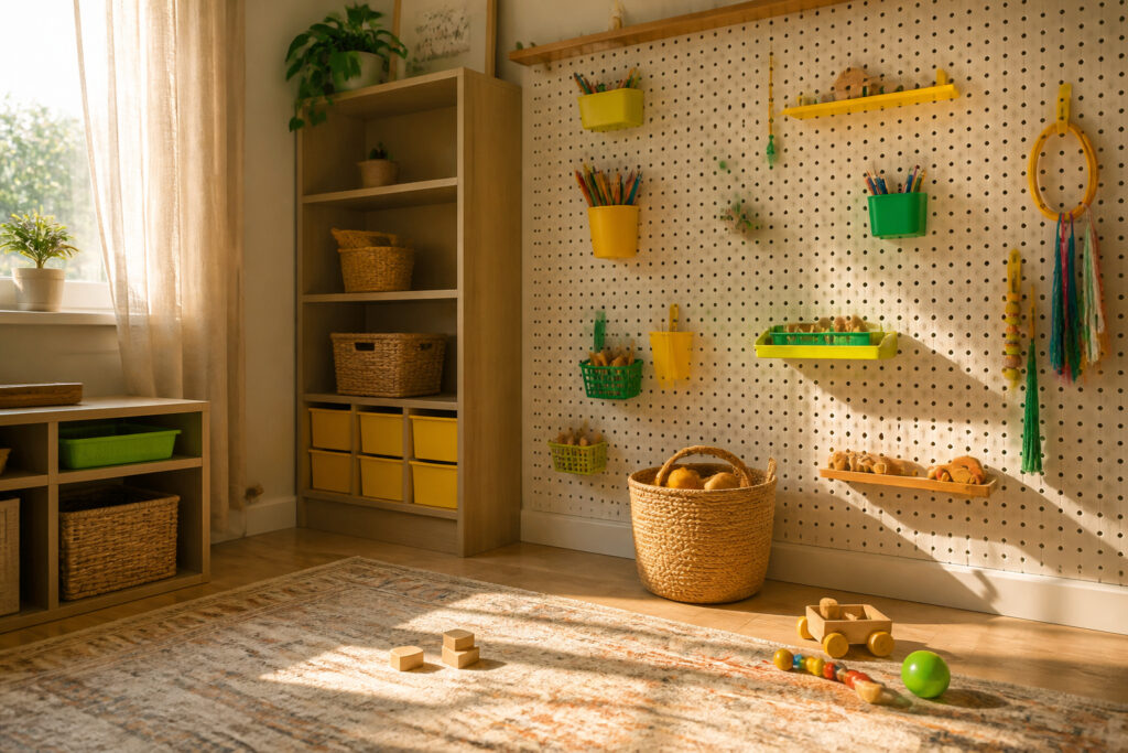 A colorful pegboard organization setup in a children's room.