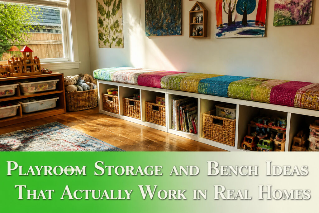 A playroom featuring various storage solutions and seating areas.
