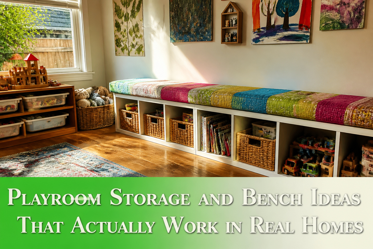 A playroom featuring various storage solutions and seating areas.
