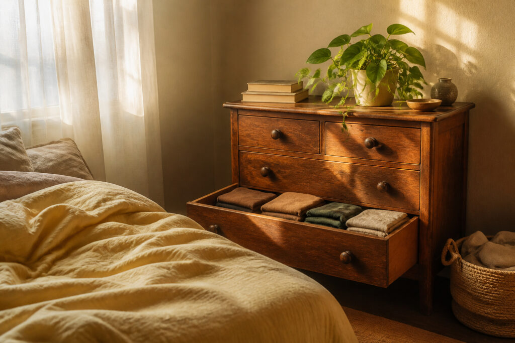 A small bedroom featuring organized furniture and decor.