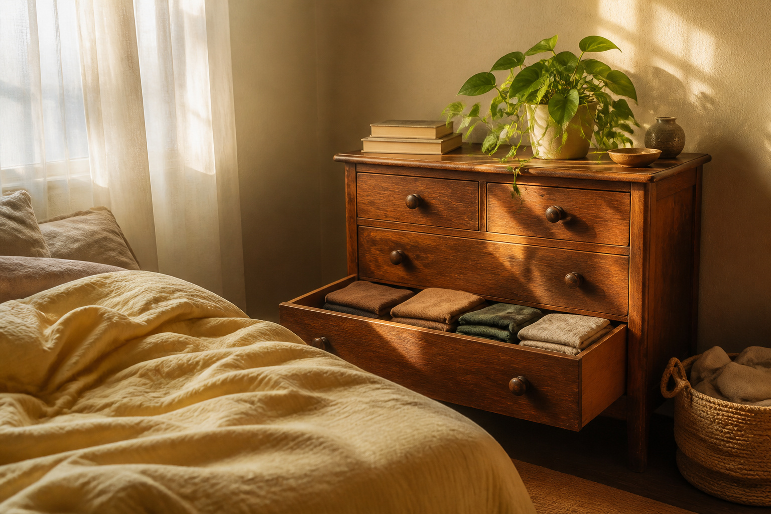 A small bedroom featuring organized furniture and decor.